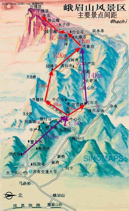 峨眉山观光车路线是走后山的,即从五显岗经万年寺到雷洞坪.