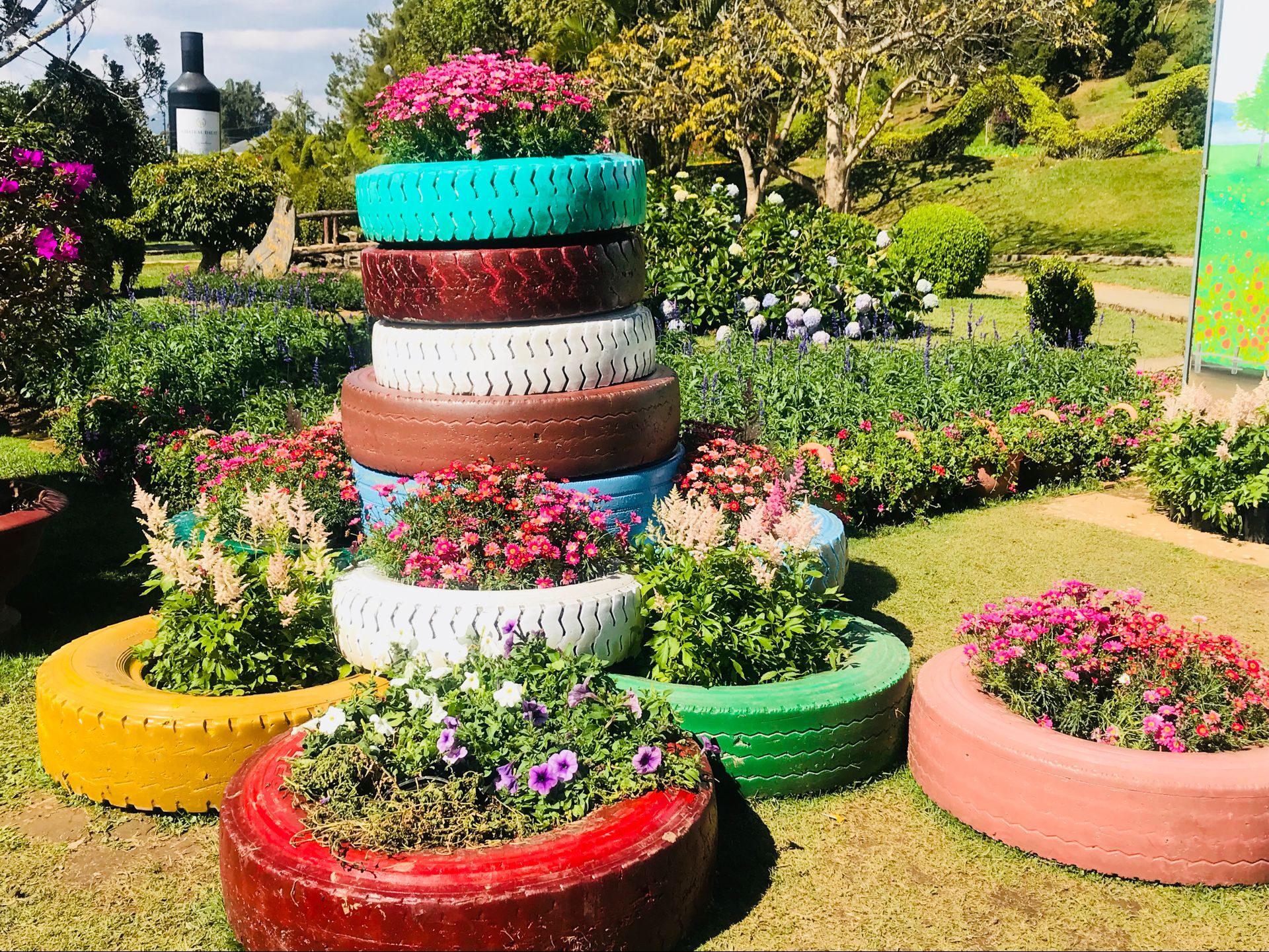 花园内有很多轮胎做的花盆,轮胎染了各种颜色,漂亮且不单一.