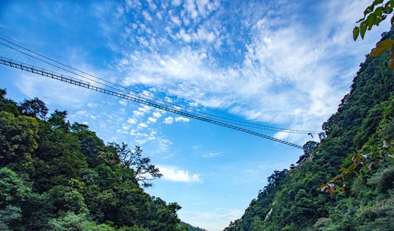 值风和日丽之时,踏在玻璃桥上,景区峡谷风光尽收眼底,行走其上彷如“人在空中走,景在脚下游”,惊险无比;云深雾重之际,桥上悬空赏景漫步云端,如若“脚踏祥云,腾云驾雾”,置身于峡谷天堑以独特角度感受云门山之美景。